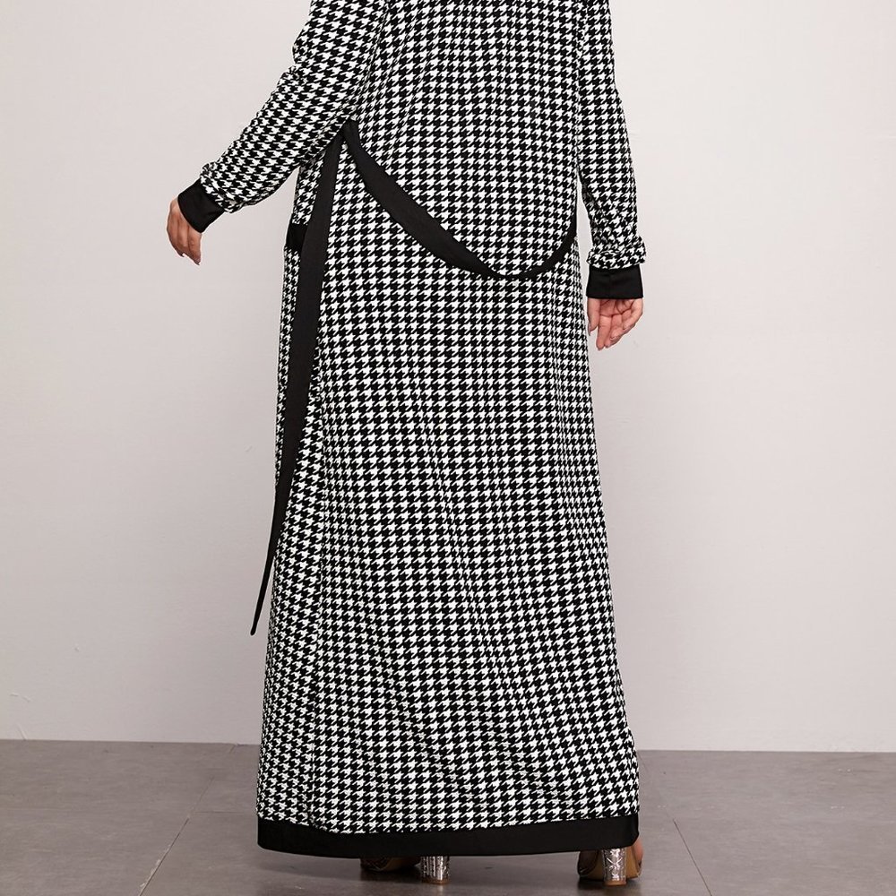 Black Casual Womens Patch Pocket Belted Houndstooth Coat & Leggings Set - Picture 2 of 5